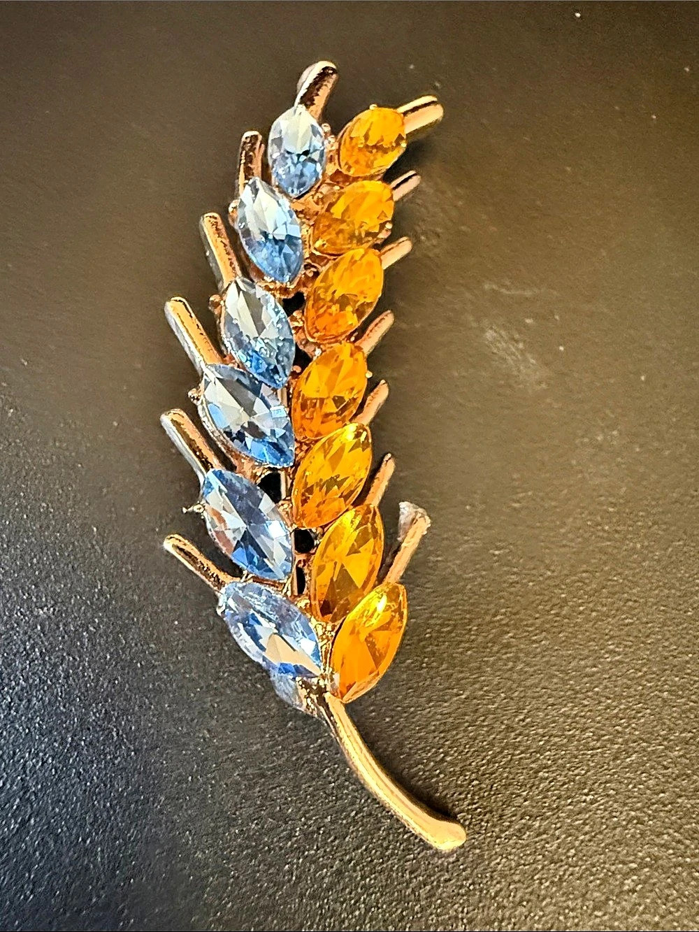 Crystal Leaf Brooch in Gold & Blue